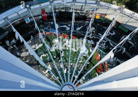 St. Petersburg, United States. 13th Oct, 2024. (EDITORS NOTE: Image taken with drone) In this aerial view, the domed roof at Tropicana Field, the home of the Tampa Bay Rays, is seen ripped to shreds from Hurricane Miltonís powerful winds in St. Petersburg. The storm passed through the area on October 10, 2024, making landfall as a Category 3 hurricane in Siesta Key, Florida. (Photo by Paul Hennessy/SOPA Images/Sipa USA) Credit: Sipa USA/Alamy Live News Stock Photo