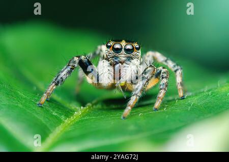 Jumping spider standing on a green leaf in a macro photography shot emphasizing its big eyes. Stock Photo