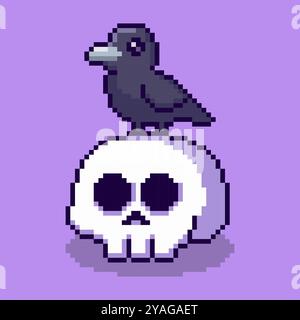 Pixel art Skull with Crow game asset design Stock Vector