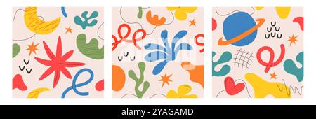 Vector set of contemporary square cards with summer nature elements. Posters with organic abstract geometric shapes, moon, lines and freeform objects. Modern hand drawn simple figures, botanical forms Stock Vector