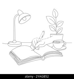 A single continuous line drawing of a hand gesture writing on an open book beside a cup of coffee at a work desk. The hand is writing the draft concep Stock Vector