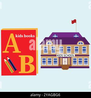 Kid's school building isolated on white in flat style. Modern building for children. Preschool kids education. Kids Books Stack Showing Reading For Ki Stock Vector
