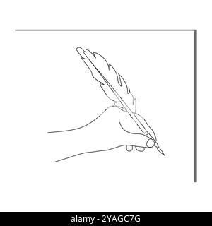 A single continuous line drawing of a hand gesture writing on an open book beside a cup of coffee at a work desk. The hand is writing the draft concep Stock Vector