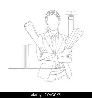 Single continuous line drawing of young female architect holding blueprint paper pose cross arms. Professional work job occupation. Minimalism concept Stock Vector