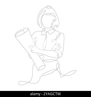 Single continuous line drawing of young female architect holding blueprint paper pose cross arms. Professional work job occupation. Minimalism concept Stock Vector