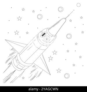 Hand drawn space banner template. Space doodle Vector illustration with cartoon rocket, planets, stars. Universe for your design. Seamless pattern Stock Vector