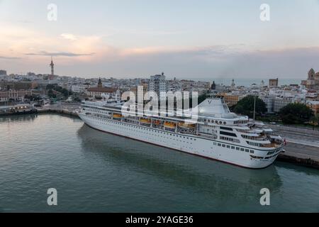 Cadiz, Spain. 14th Oct, 2024. The cruise ship Odyssey, after being stranded in Belfast Lough, Northern Ireland for months has now arrived in Cadiz, Spain this morning as part of it's three year trip. Formerly known as the Crown Dynasty, this ship was purchased by Villa Vie Residences in 2023. The ship was built in 1993 in Valencia, Spain, and has been owned by several cruise companies. In 2024, the ship was refurbished in Belfast, Northern Ireland, and renamed the Villa Vie Odyssey. Credit: Mick Flynn/Alamy Live News Stock Photo