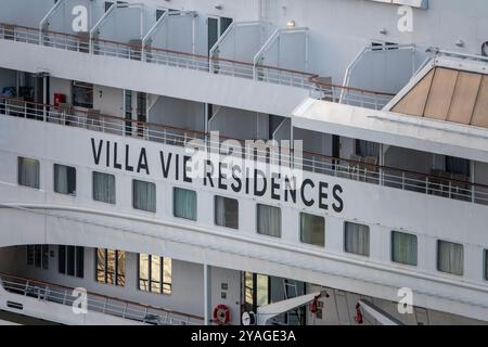 Cadiz, Spain. 14th Oct, 2024. The cruise ship Odyssey, after being stranded in Belfast Lough, Northern Ireland for months has now arrived in Cadiz, Spain this morning as part of it's three year trip. Formerly known as the Crown Dynasty, this ship was purchased by Villa Vie Residences in 2023. The ship was built in 1993 in Valencia, Spain, and has been owned by several cruise companies. In 2024, the ship was refurbished in Belfast, Northern Ireland, and renamed the Villa Vie Odyssey. Credit: Mick Flynn/Alamy Live News Stock Photo