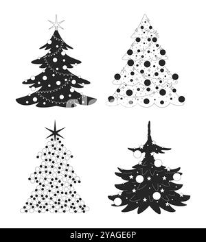 Baubles Christmas trees with stars sparkling black and white 2D line objects set Stock Vector