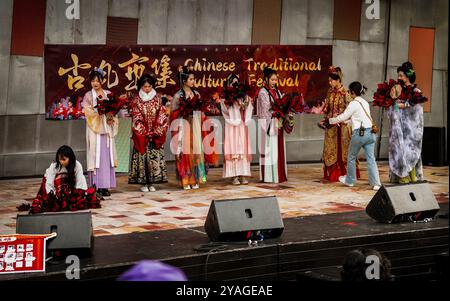 Beauty Pageants in Chinese Traditional Clothing during Chinese Traditional Culture Festival at Federation Square in Melbourne, Australia. Stock Photo