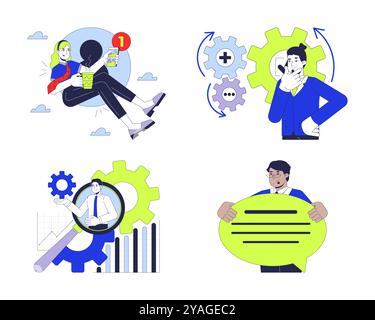 Digital business processes management 2D illustration concepts set Stock Vector