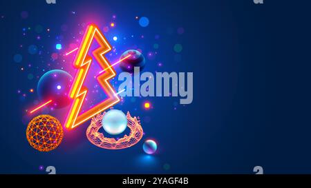 Christmas and New Year background in computer tech 3d geometric abstract style. Neon isometric christmas tree with decoration balls. Stock Vector