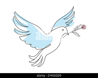 Continuous one line drawing of pigeon in flight with pink flower Isolated on white background. Dove of peace. Line art. Concept of freedom, hope, Peac Stock Vector