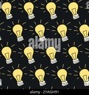 Seamless Pattern of Glowing Light Bulbs on Black Background. Concept of Innovation, Bright Ideas, Creativity, Electrical Design. Art, Decoration, grap Stock Vector