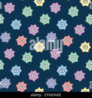 Seamless Pattern of Gears on Dark Blue Background. Concept of Cute Industrial Design, Colorful Machine Parts, Engineering Tools, Repetitive Motif. Tex Stock Vector