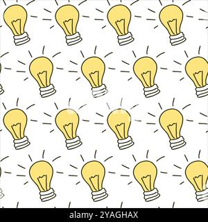 Seamless Pattern of Glowing Light Bulbs on White Background. Concept of Innovation, Bright Ideas, Creativity, Electrical Design. Art, Decoration, grap Stock Vector