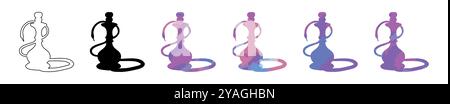 Hookah set, black silhouette, outline, and colored versions. Isolated on a white background. Flat design. Concept of smoking culture, hookah design, l Stock Vector
