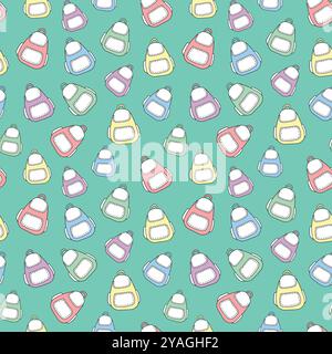 Seamless pattern with colorful backpacks isolated on green background. Concept of school accessories, student gear, travel, and tourism. Modern design Stock Vector