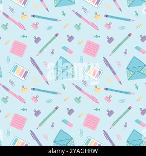 Colorful School Supplies Seamless Pattern on Blue Background. Concept of Education, Stationery, Creative Design, Back to School. Seamless Design for F Stock Vector