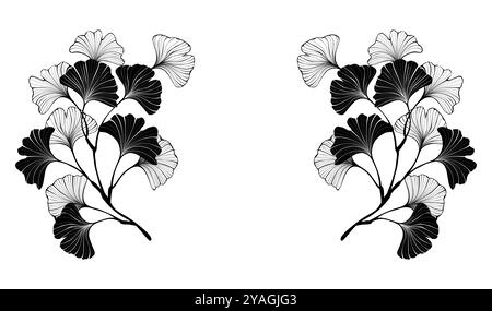 Symmetrical composition of black, outline, artistically drawn ginkgo biloba twigs on white background. Ginko Biloba. Stock Vector