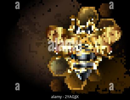 Artistically drawn, golden, shiny, mechanical bee with filigree sparkling wings on brown textured background with transparent honeycombs. Golden mecha Stock Vector