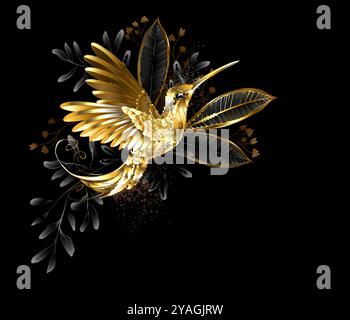 Flying, exotic, golden, jewelry hummingbird with wings and tail decorated with golden and black decorative pistachio twigs and tropical plants on blac Stock Vector