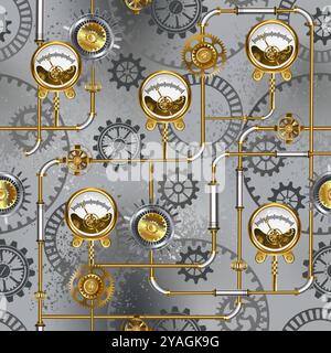 Seamless, urban, steampunk pattern of brass pipes, antique pressure gauges and gray gears on gray textured background. Steampunk style. Stock Vector