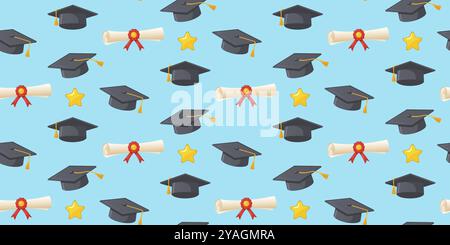 Seamless pattern of graduation caps with gold tassels and yellow stars on a blue background. Educational and achievement concept. Design for banners, Stock Vector