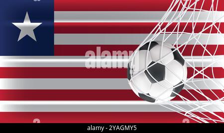 Soccer Football ball in Goal Net Isolated on Liberia Shaded Flag, Sports Accessory Equipment for Playing Game, Championship Stock Vector