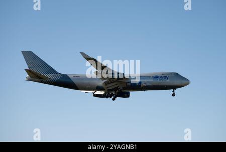 Silk Way West Airlines Boeing 747-467F landing at Birmingham Airport, UK (4K-BCH) Stock Photo