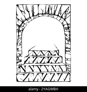 Patio garden arch opening portal with geometric azulejo wall tiles and stairs steps, architectural interior mosaic. Hand drawn ink vector illustration Stock Vector