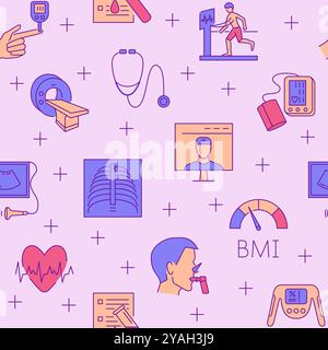 Healthcare and medicine seamless pattern. Medical checkup background, health check-up symbols. Vector illustration. Stock Vector