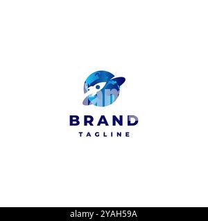 Rocket Around Blue Earth Logo Design. Simple Rocket and Blue Earth Icon Logo Design. Stock Vector