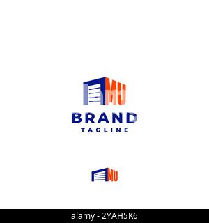 Initial Letter M and U Next to Self Storage Door Logo Design Icon. Storage Door and Initial Letter MU Logo Design. Stock Vector