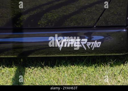 Detail of a silver viper rt10 logo on the side of a black dodge viper parked on grass Stock Photo