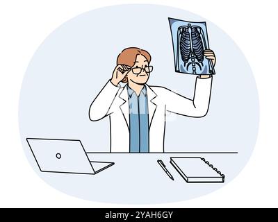 Woman doctor holding x-ray picture of sick conducting medical examination of patient with lung problems. Doctor examines x-ray film trying to diagnose person who asked for help from hospital staff Stock Vector