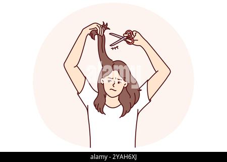 Woman cuts own hair because of dissatisfaction with hairstyle and split ends that appeared due to bad shampoo. Unhappy casual girl needs professional hairdresser or better shampoo. Stock Vector