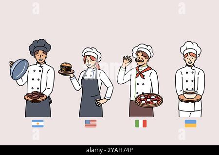 Group chefs from different countries demonstrate delicious national dishes, standing near flags. Chefs from Italy and Argentina or US and Ukraine participate in international professional competitions Stock Vector