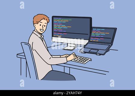 Man programmer types code and looks at camera, sitting at table with computer and laptop. Successful guy programmer develops software or application, working in team with UI or UX designers Stock Vector