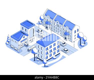 Fire station in a residential area - vector isometric illustration Stock Vector