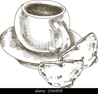 Ink illustration of coffee cup with biscuits black and white illustration. Hand drawn graphics, breakfast drink with sweet cookies clipart for cafe me Stock Vector