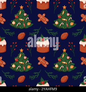 Seamless Christmas pattern with decorated tree, gingerbread cookie, cake, pine cone on dark background. Perfect for holiday design, gift wrapping and Stock Vector