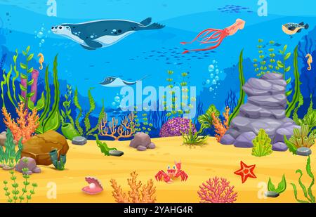 Game map, cartoon underwater landscape with sunken ship, sea animals ...
