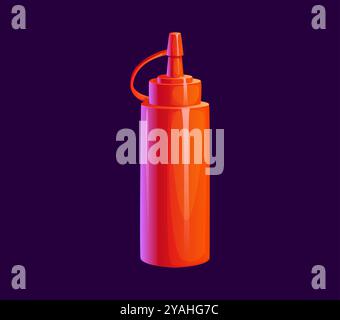 Cartoon ketchup bottle, vector tomato sauce, catchup condiment in red plastic tube or container with squirt nozzle. Catsup dresser, seasoning for fast food meals, traditional bottled vegetable sauce Stock Vector
