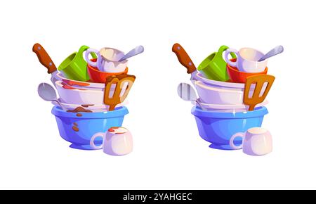 Dirty and clean restaurant dishes or kitchen plates stack for wash, cartoon vector. Dirty and clean dishes pile of cups and tableware, plates before and after dishwashing with food stains or leftovers Stock Vector
