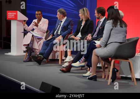 (left to right) Actress, writer, director and producer Adjoa Andoh, Sir Lucian Grainge, chairman and CEO of Universal Music Group, Dr Anna Mallett, vice president (production) at Netflix, former head coach of the England men's football team Gareth Southgate, Maria Balshaw, director of the Tate (obscured) and Culture Secretary Lisa Nandy, taking part in the 'UK's creative assets: Soft power as a hard investment opportunity' discussion during the International Investment Summit in London, as the Government seeks to woo investors to the UK. Picture date: Monday October 14, 2024. Stock Photo