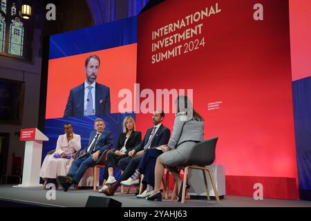 (left to right) Actress, writer, director and producer Adjoa Andoh, Sir Lucian Grainge, chairman and CEO of Universal Music Group, Dr Anna Mallett, vice president (production) at Netflix, former head coach of the England men's football team Gareth Southgate, Maria Balshaw, director of the Tate (obscured) and Culture Secretary Lisa Nandy, taking part in the 'UK's creative assets: Soft power as a hard investment opportunity' discussion during the International Investment Summit in London, as the Government seeks to woo investors to the UK. Picture date: Monday October 14, 2024. Stock Photo