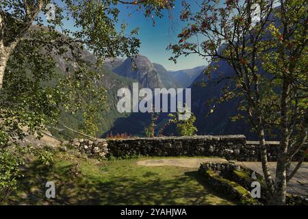 7th September, 2024 Flam & Bergen, Norway  Panoramic view of Naeraydalselvi from the terrace of the Stalheim Hotel, near Voss, Vestland Stock Photo