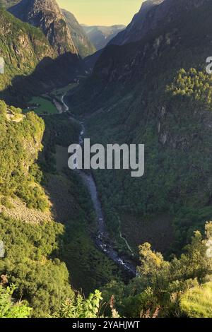 7th September, 2024 Flam & Bergen, Norway  Panoramic view of Naeraydalselvi from the terrace of the Stalheim Hotel, near Voss, Vestland Stock Photo