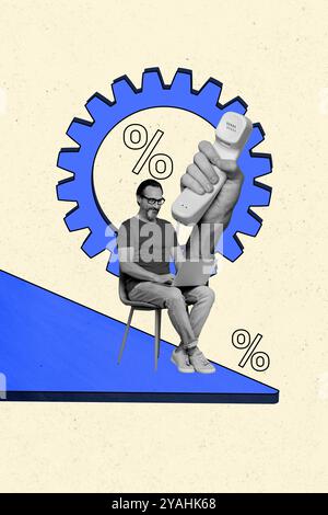 Trend artwork composite image photo collage of monochrome aged man worker sit chair write laptop landline phone help service sale percent Stock Photo